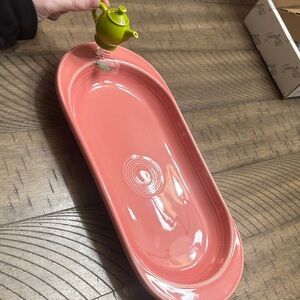 Nora Fleming Pink Serving Platter with Green Teapot Mini